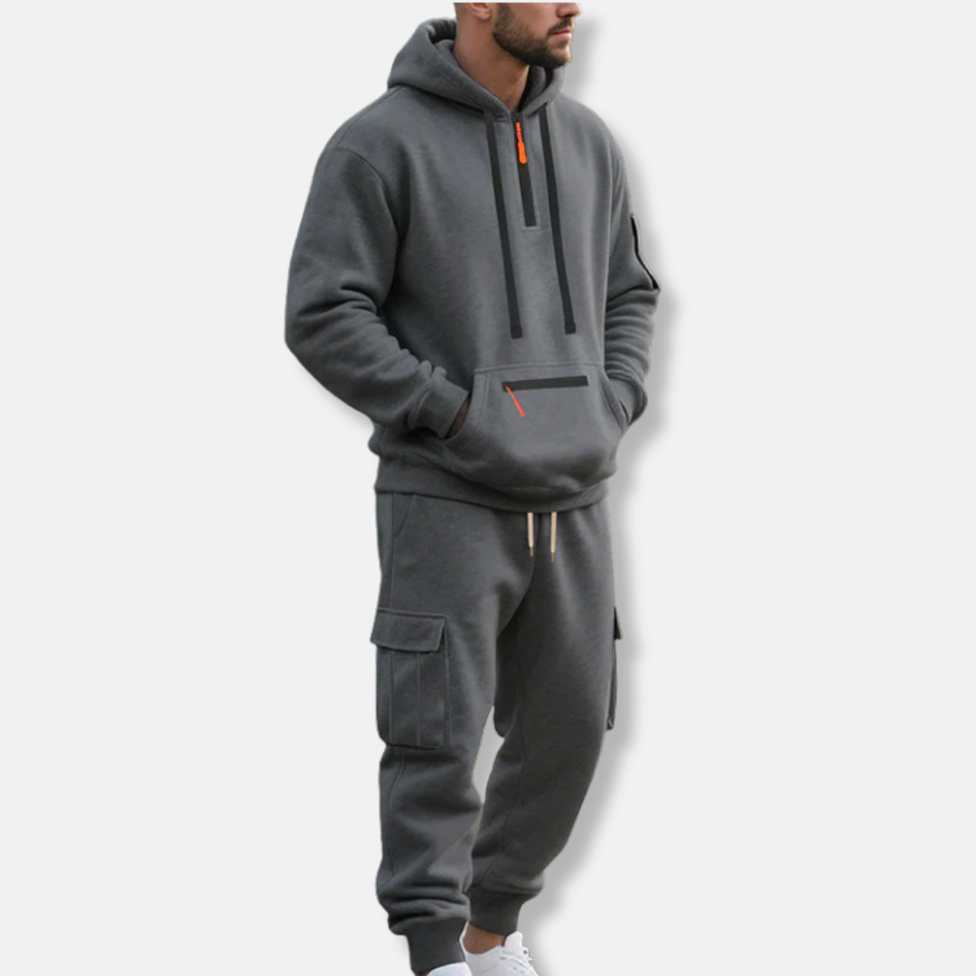 Men's Tracksuit – Relaxed Fit – Half-Zip Hoodie – Cotton Blend Cargo Pants
