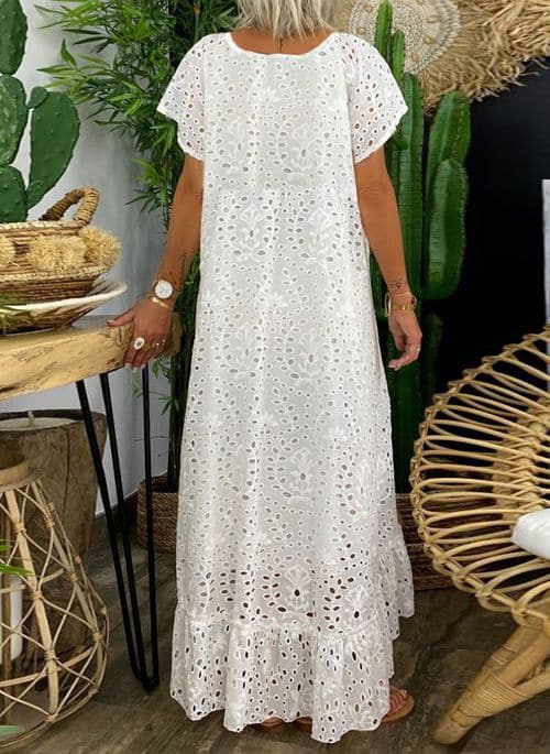 Women's Maxi Dress - Bohemian Style - Broderie Anglaise - V-neck - Airy and Comfortable