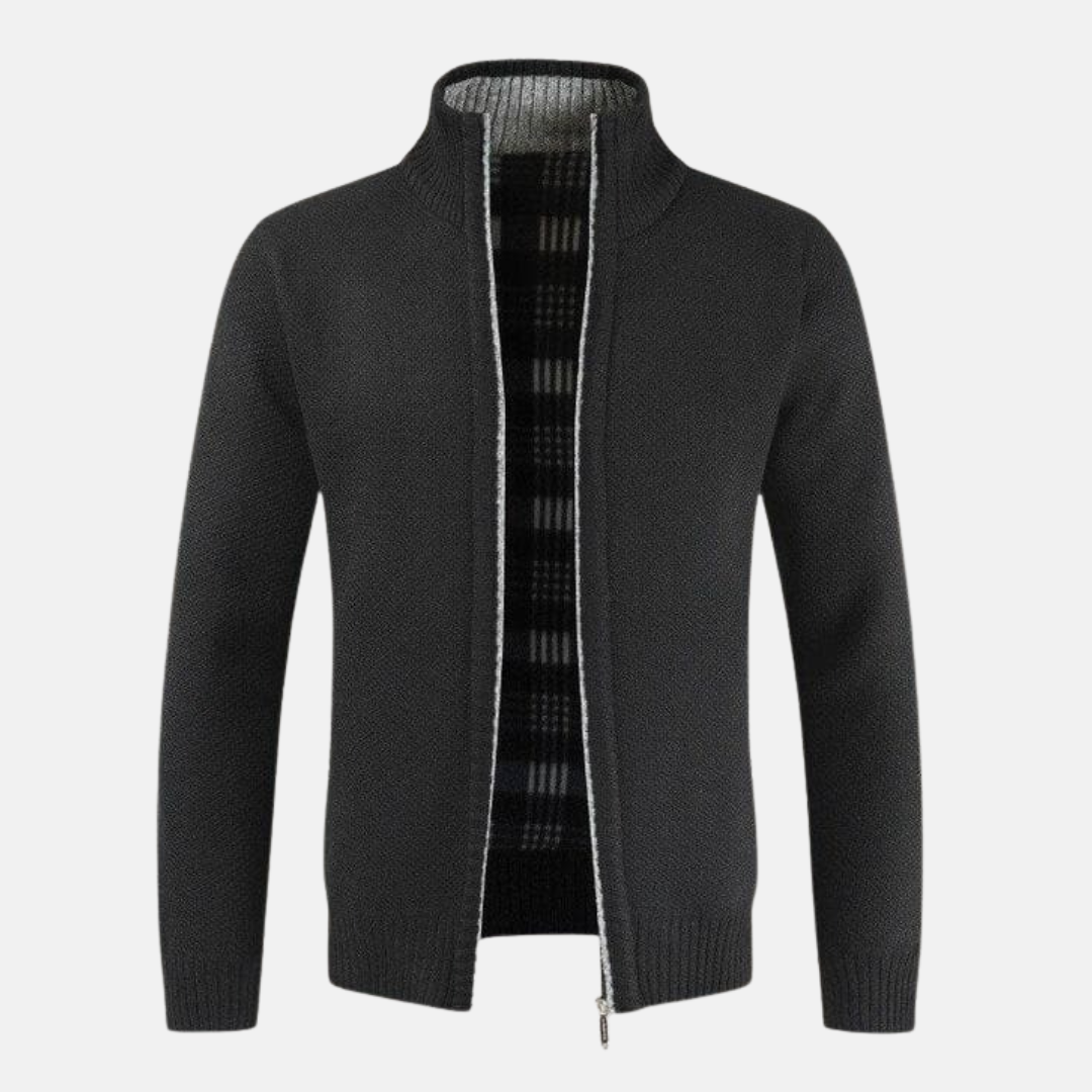 Giacomo High Collar Zip Cardigan | Plaid Lining Cardigan