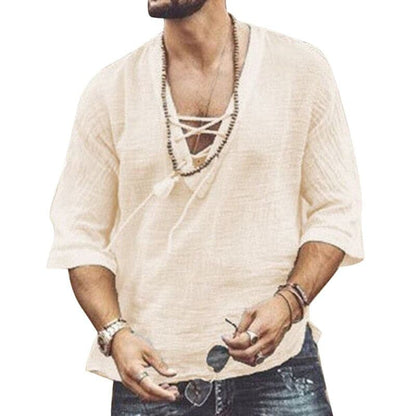 Men's Shirt - Light and Breathable - V-neck with Lacing - Comfortable Loose Fit