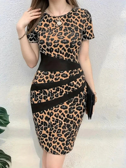 Dress Woman - Tight Fit - Knee Length - Animal Print with Mesh Details