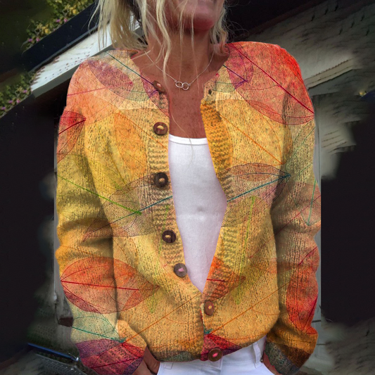 Women's Cardigan - Knitted with Leaf Pattern - Button Closure - Comfortable Fit