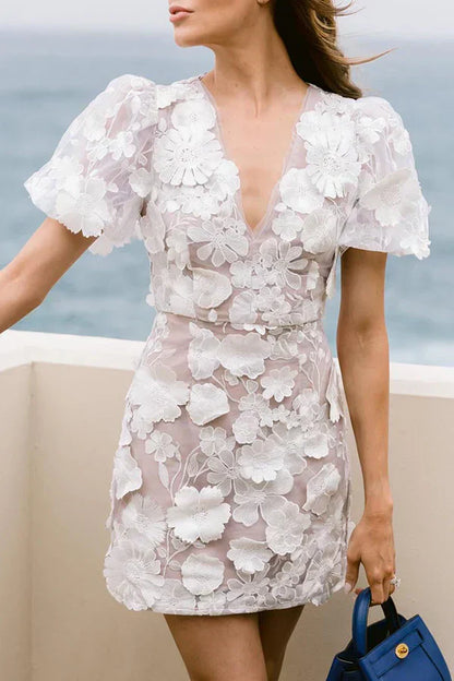 Dress for Women – Figure-Hugging Fit – Puff Sleeves – Deep V-Neck – Floral Embroidery