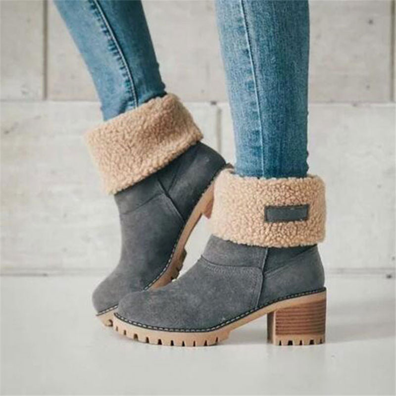 Dame Støvler - Semsket Look - Fôret Varme - Stabil Blokkhel - Sklihemmende Såle