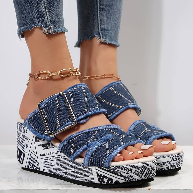 Women's Platform Sandals - Denim Fabric - Adjustable Buckle - Comfortable Wedge Heel