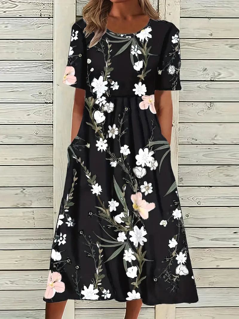 Women's Dress - A-line Midi - Floral Print - Short Sleeves - Round Neck - With Pockets