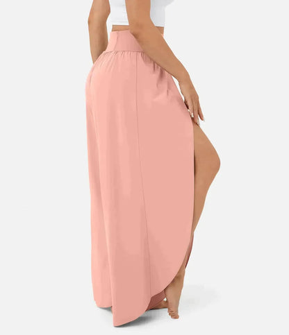 Women's Wide Pants – Flowy Fit – High Slits – Elastic Waist – Light and Comfortable
