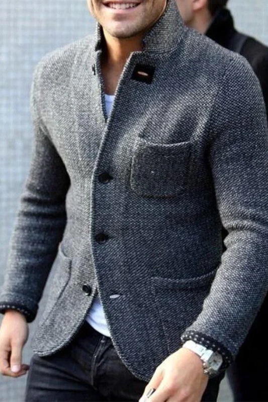 Men's Blazer – Tailored Fit – Tweed Texture – Stand Collar – Multiple Pockets