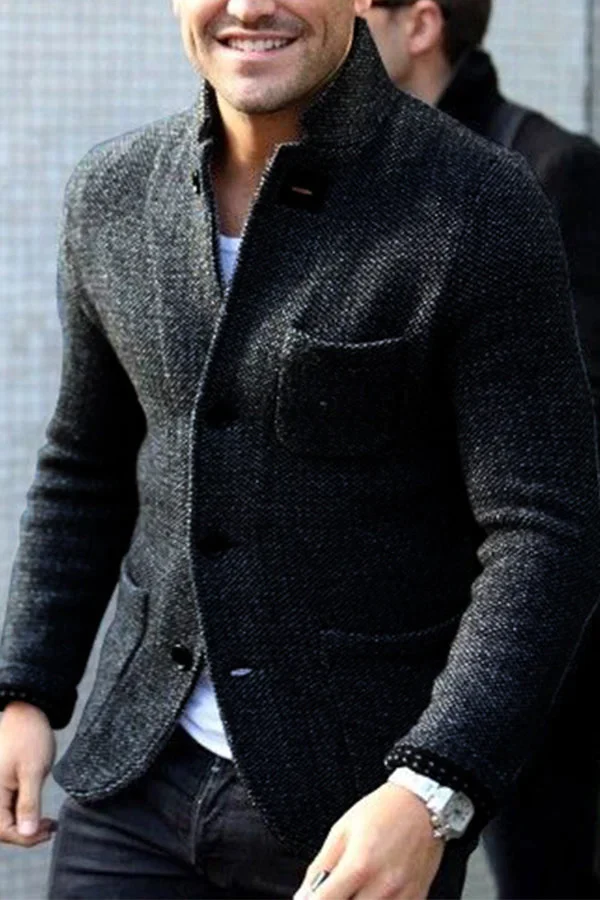 Men's Blazer – Tailored Fit – Tweed Texture – Stand Collar – Multiple Pockets