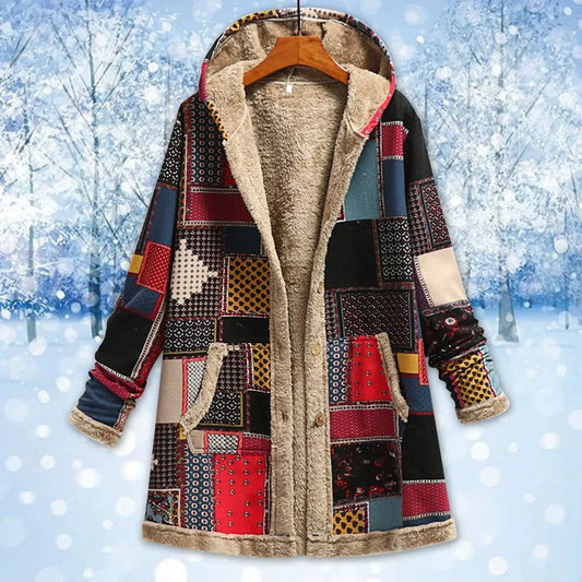 Women's Fleece Jacket – Relaxed Fit – Hood – Patchwork – Long Model