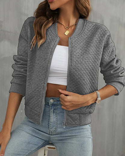 Women's Bomber Jacket – Quilted Texture – Short Fit – Zipper Closure – Ribbed Edges