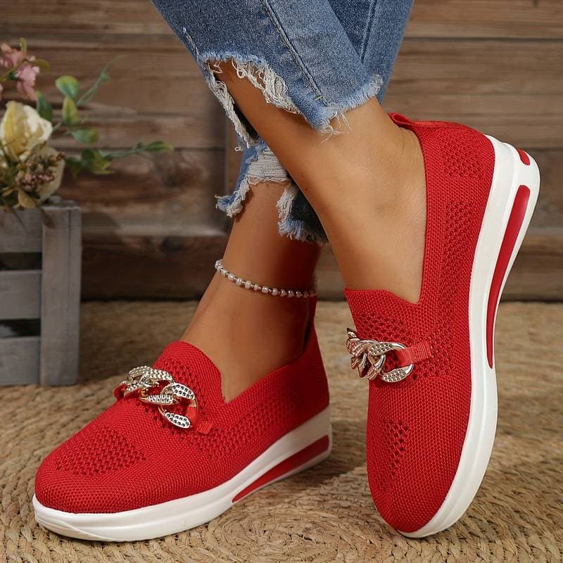 Women's Slip-On Sneakers – Breathable Mesh – Comfortable Sole – Decorative Chain