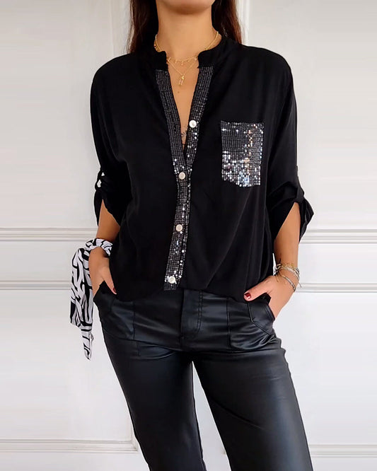 Women's Blouse – Relaxed Fit – Sequin Buttons and Chest Pocket – Breathable Fabric