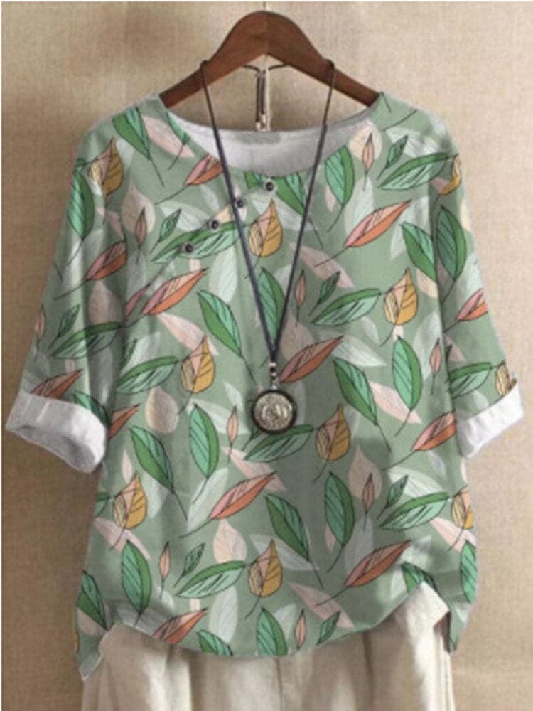 Damebluse – Blomstermønstret – Rund Hals – Halvlange Ermer – Løs Passform – Dekorative Knapper