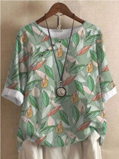 Damebluse – Blomstermønstret – Rund Hals – Halvlange Ermer – Løs Passform – Dekorative Knapper