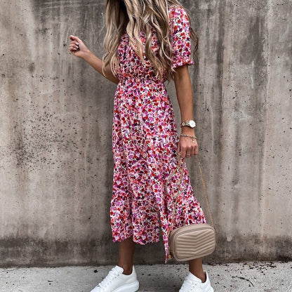 Women's Midi Dress - V-neck - Short Puff Sleeves - Fitted Waist - Floral Print