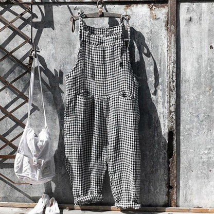 Women's Jumpsuit – Relaxed Fit – Wide Legs – Sleeveless – Natural Fibers – Adjustable Straps – Checkered Pattern