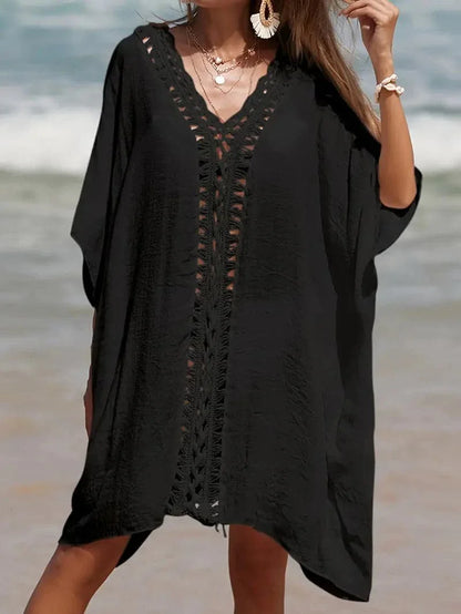 Women's Beach Dress – Light and Airy – V-neck with Crochet Details – Loose Fit – Short Sleeves