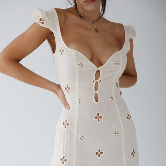 Dress for Women – Midi Length – Tight Fit – Embroidered and Cut Out – V-Neck