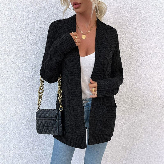 Women's Cardigan - Knitted Cable Knit - Open Front - Long Sleeved with Pockets