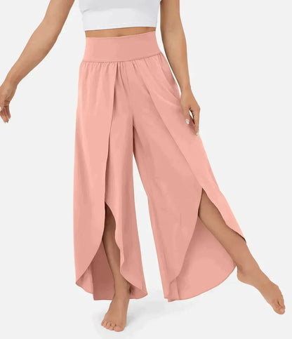 Women's Wide Pants – Flowy Fit – High Slits – Elastic Waist – Light and Comfortable