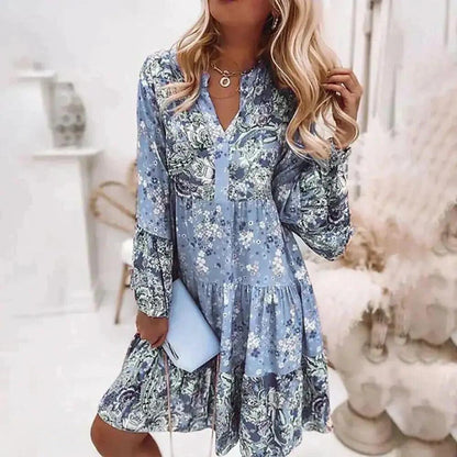 Women's Dress – A-line Fit – V-neck – Long Sleeves – Floral Print – Airy Fabric