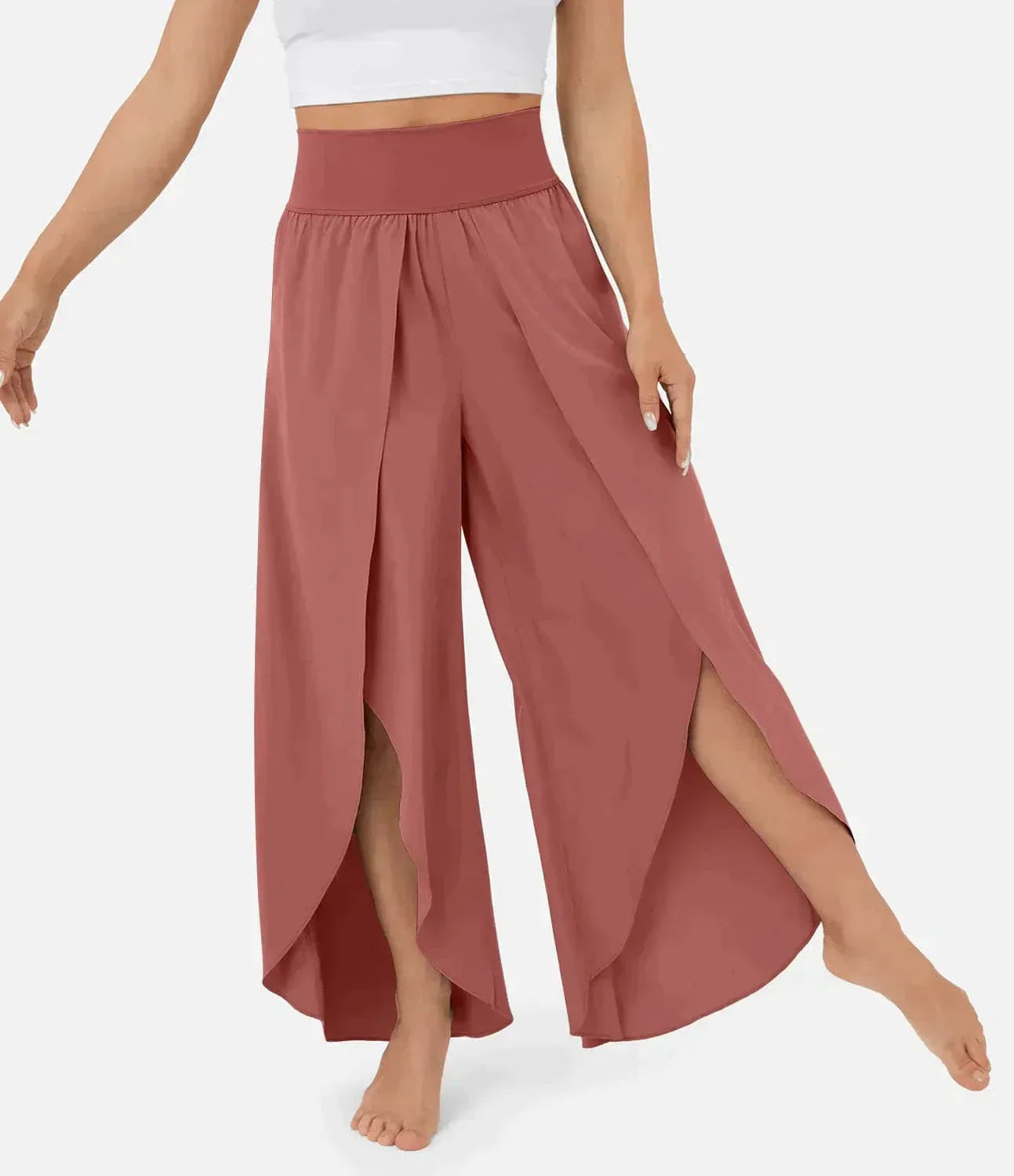 Women's Wide Pants – Flowy Fit – High Slits – Elastic Waist – Light and Comfortable
