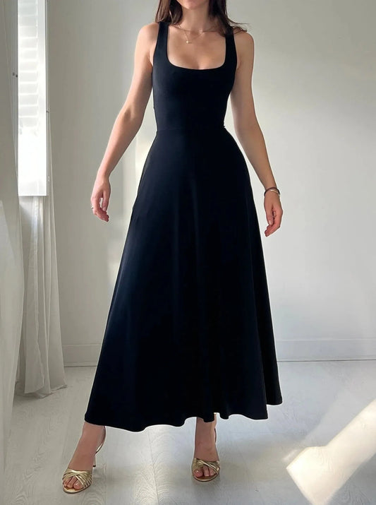 Women's Dress - Sleeveless A-line - Floor-length Elegant Fit - Square Neckline