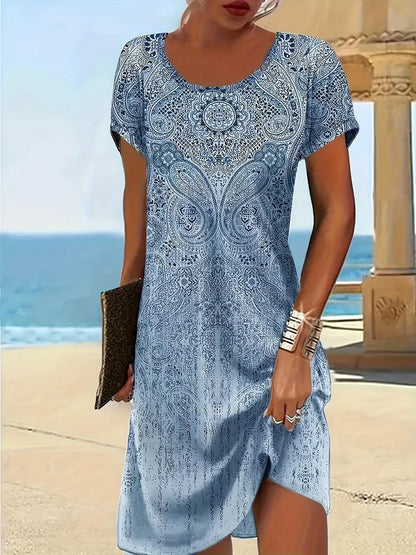 Women's Dress Midi – Relaxed Fit – Breathable Fabric – Short Sleeve – Paisley Pattern