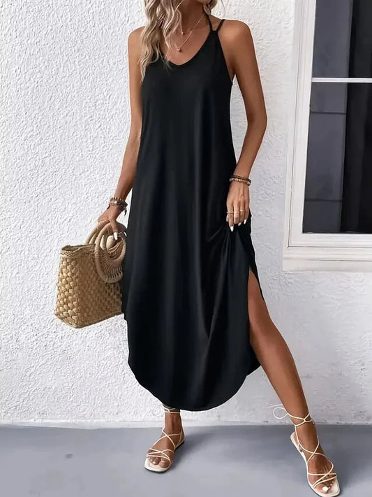 Women's Maxi Dress - Sleeveless V-neck - Loose Fit - Thin Straps - High Slit