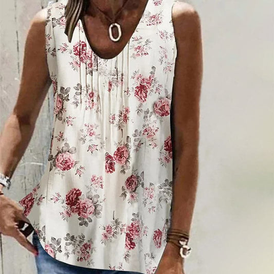 Dame Ermeløs Bluse - Blomsterprint - Løs Passform - Komfortabel og Lett