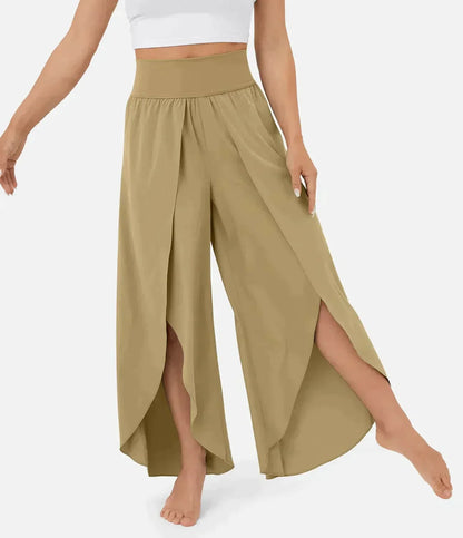 Women's Wide Pants – Flowy Fit – High Slits – Elastic Waist – Light and Comfortable