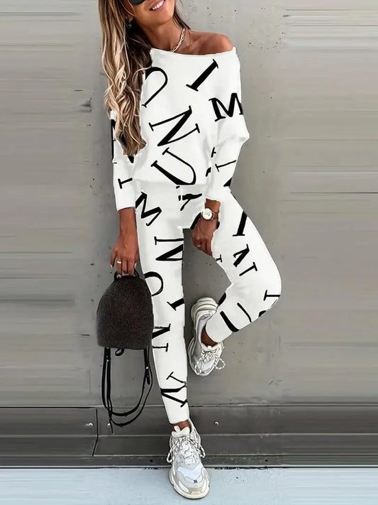 Dame Lounge Sett - Avslappet Off-Shoulder Genser & Høytlivs Leggings - Myk Komfort