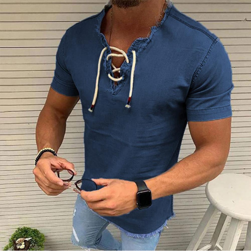 Men's T-shirt - Lace-up V-neck - Lightweight Denim - Short Sleeve Casual Fit
