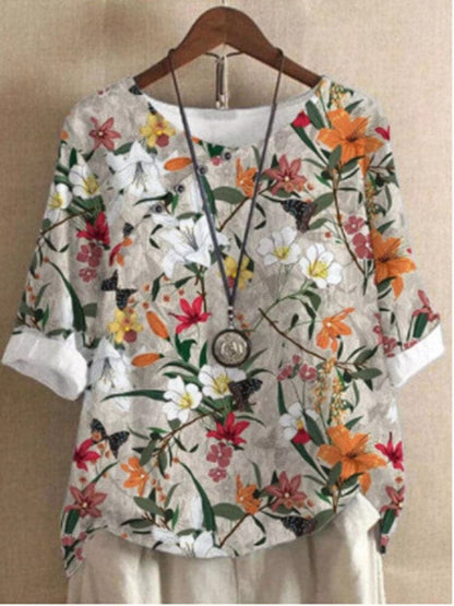 Damebluse – Blomstermønstret – Rund Hals – Halvlange Ermer – Løs Passform – Dekorative Knapper