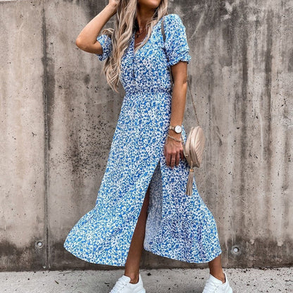 Women's Midi Dress - V-neck - Short Puff Sleeves - Fitted Waist - Floral Print