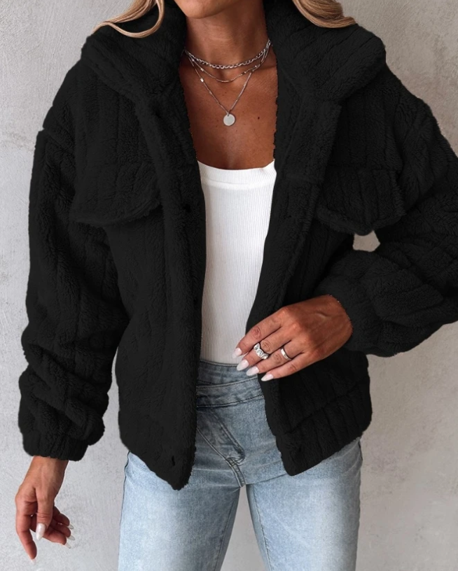 Women's Teddy Jacket – Oversized Fit – Soft Texture – Buttons – Relaxed Style