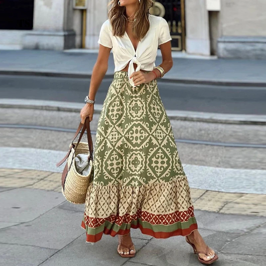 Maxi Skirt Women – A-Line Fit – Geometric Pattern – Layered Hem – Natural Fiber