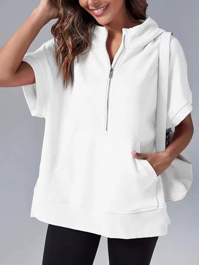 Women's Hoodie with Short Sleeves – Relaxed Fit – Cotton Blend – Zipper Neck – Kangaroo Pocket