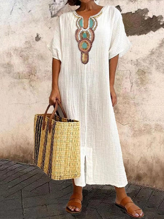Women's Caftan Dress – Relaxed Fit – Embroidered Neckline – Breathable Fabric