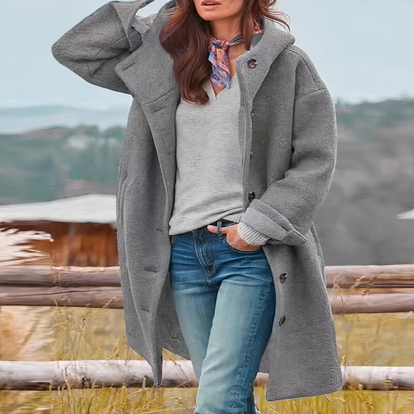 Women's Wool Blend Coat - Oversized Fit - Knee Length - Button Closure