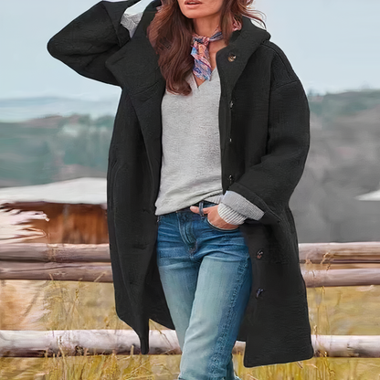Women's Wool Blend Coat - Oversized Fit - Knee Length - Button Closure