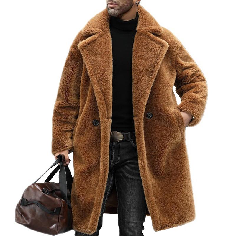 Herre Frakk - Myk Teddy Materiale - Dobbelkneppet - Lang og Varm - Klassisk Snitt