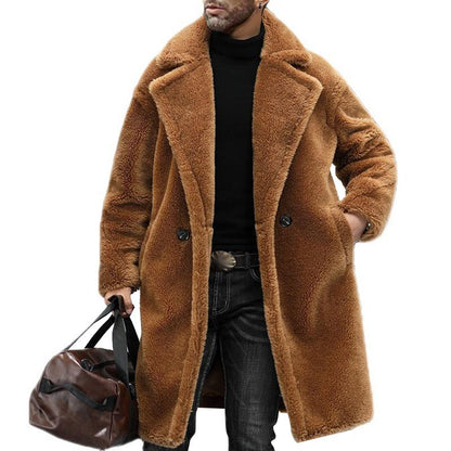 Herre Frakk - Myk Teddy Materiale - Dobbelkneppet - Lang og Varm - Klassisk Snitt