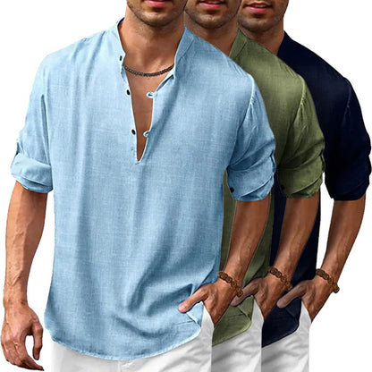 Men's Shirt - Stand Collar - Breathable Fabric - Relaxed Fit - Rolled-Up Sleeves