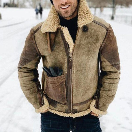 Herre Shearling Aviator Jakke – Semsket Skinn – Ullfôret – Glidelåslukking – Klassisk Passform