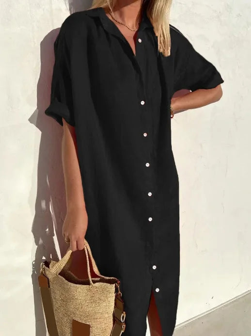 Women's Shirt Dress – Relaxed Fit – Natural Fibers – Midi Length – Short Sleeves