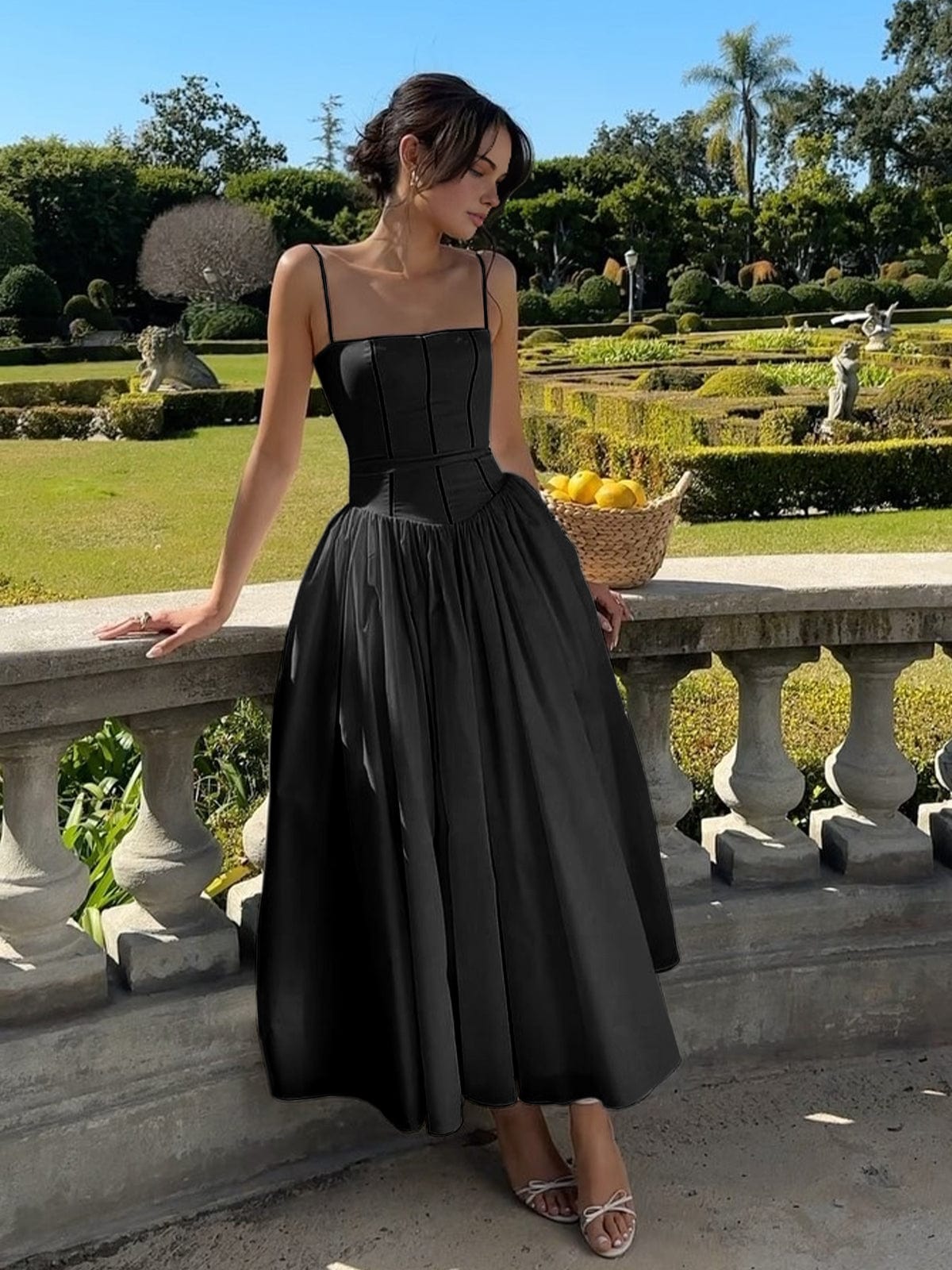Dress for Women – A-line Cut – Spaghetti Straps – Tight Bodice in Satin Look