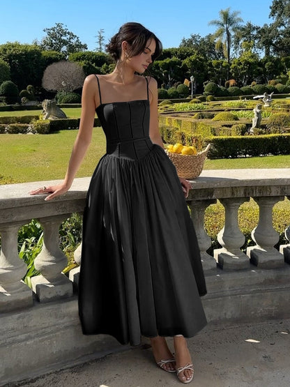 Dress for Women – A-line Cut – Spaghetti Straps – Tight Bodice in Satin Look
