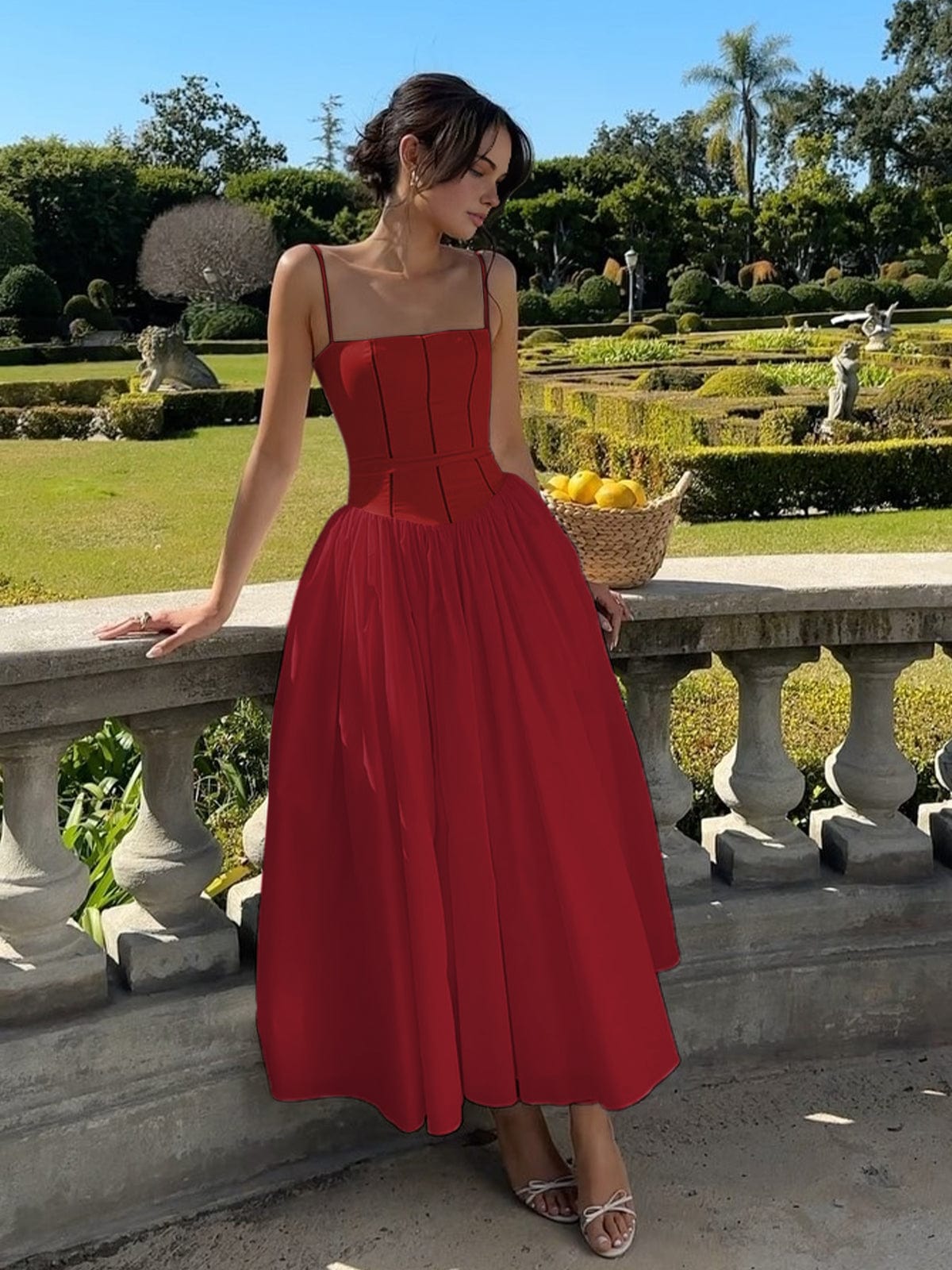 Dress for Women – A-line Cut – Spaghetti Straps – Tight Bodice in Satin Look